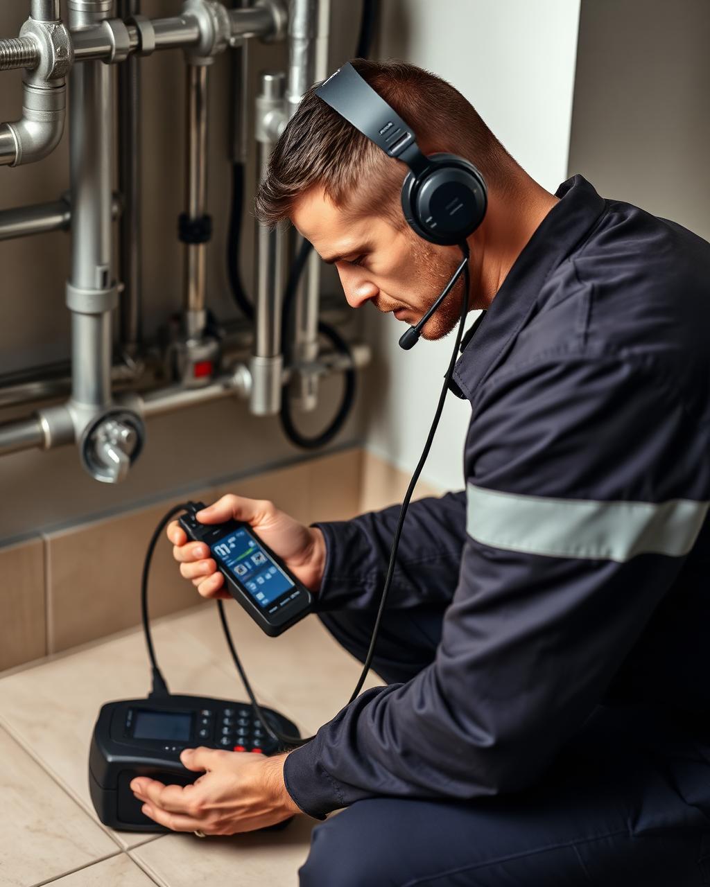 Technicien utilisant un équipement de détection acoustique de fuites